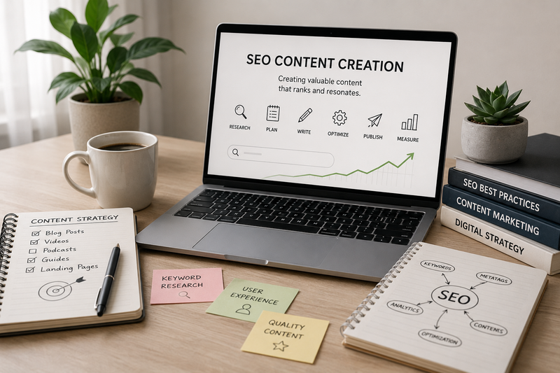 Realistic modern desk workspace featuring a laptop with SEO analytics visuals, notebooks with content strategy planning, keyword research notes, coffee mug, books about digital marketing, and minimalist office decor representing SEO content creation and website optimization.