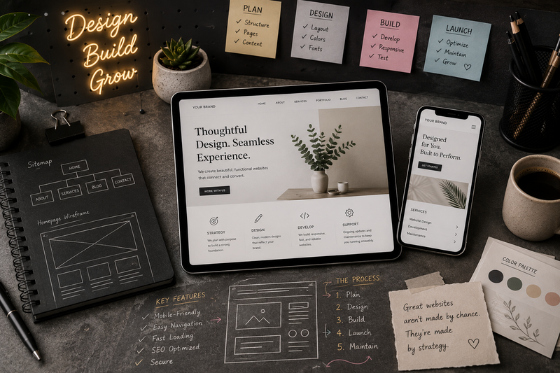 Stylish dark-themed web design workspace featuring tablet website mockups, mobile responsive layouts, sitemap sketches, sticky notes for planning and launch phases, coffee cup, and creative design tools representing modern website building, organization, and maintenance.