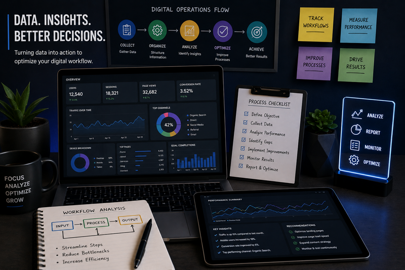 Dark-themed analytics workspace featuring detailed performance dashboards, workflow analysis diagrams, process optimization notes, reporting checklists, and glowing digital operation elements representing data analysis, workflow tracking, performance monitoring, and operational efficiency.