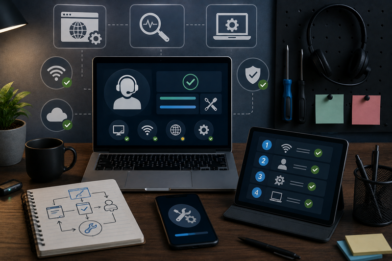 Dark modern technical support workspace featuring troubleshooting dashboards, remote support interfaces, workflow diagrams, support tools, tablet checklists, and digital assistance elements representing tech support, website troubleshooting, remote worker assistance, and process resolution.